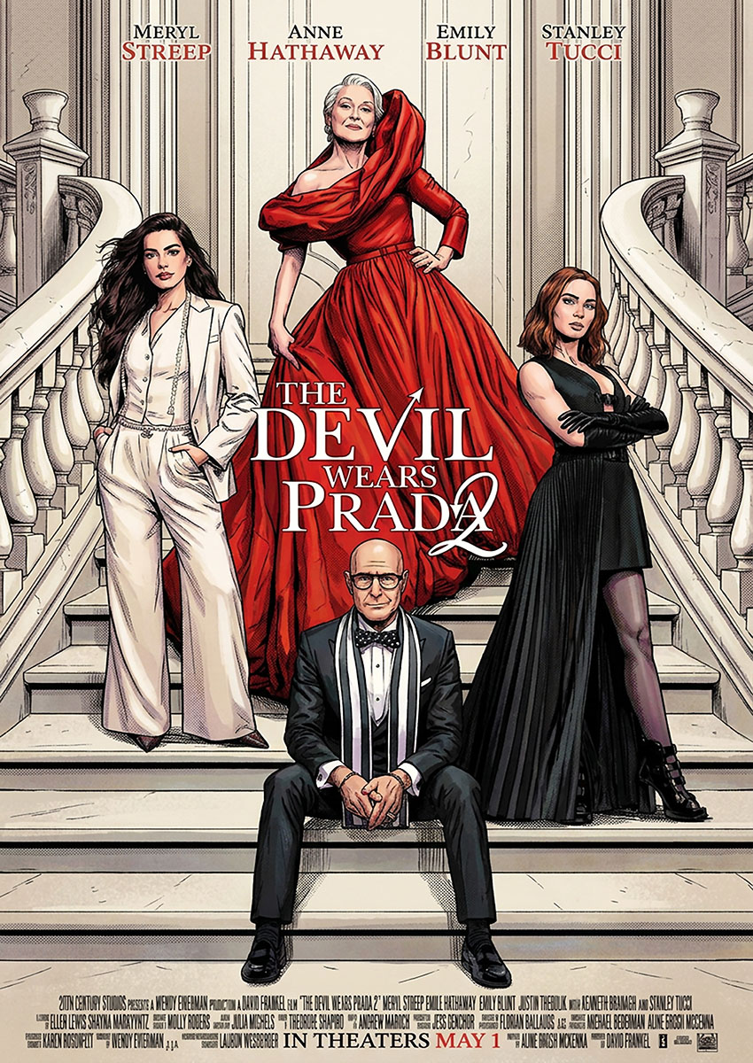Illustrated poster artwork of The Devil Wears Prada featuring the main cast on a grand staircase
